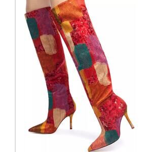 NEW Larroude x Markarian Patchwork Red Knee High Boots Floral Runway Statement
